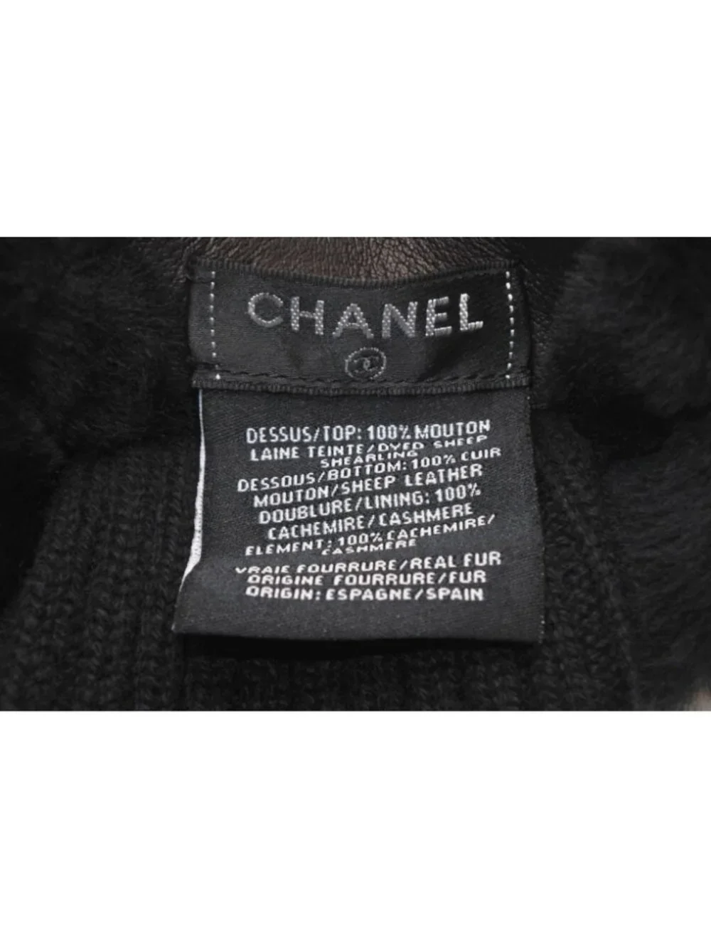 Chanel CC Logo Rabbit Mittens Gloves Black White Fur Lambskin